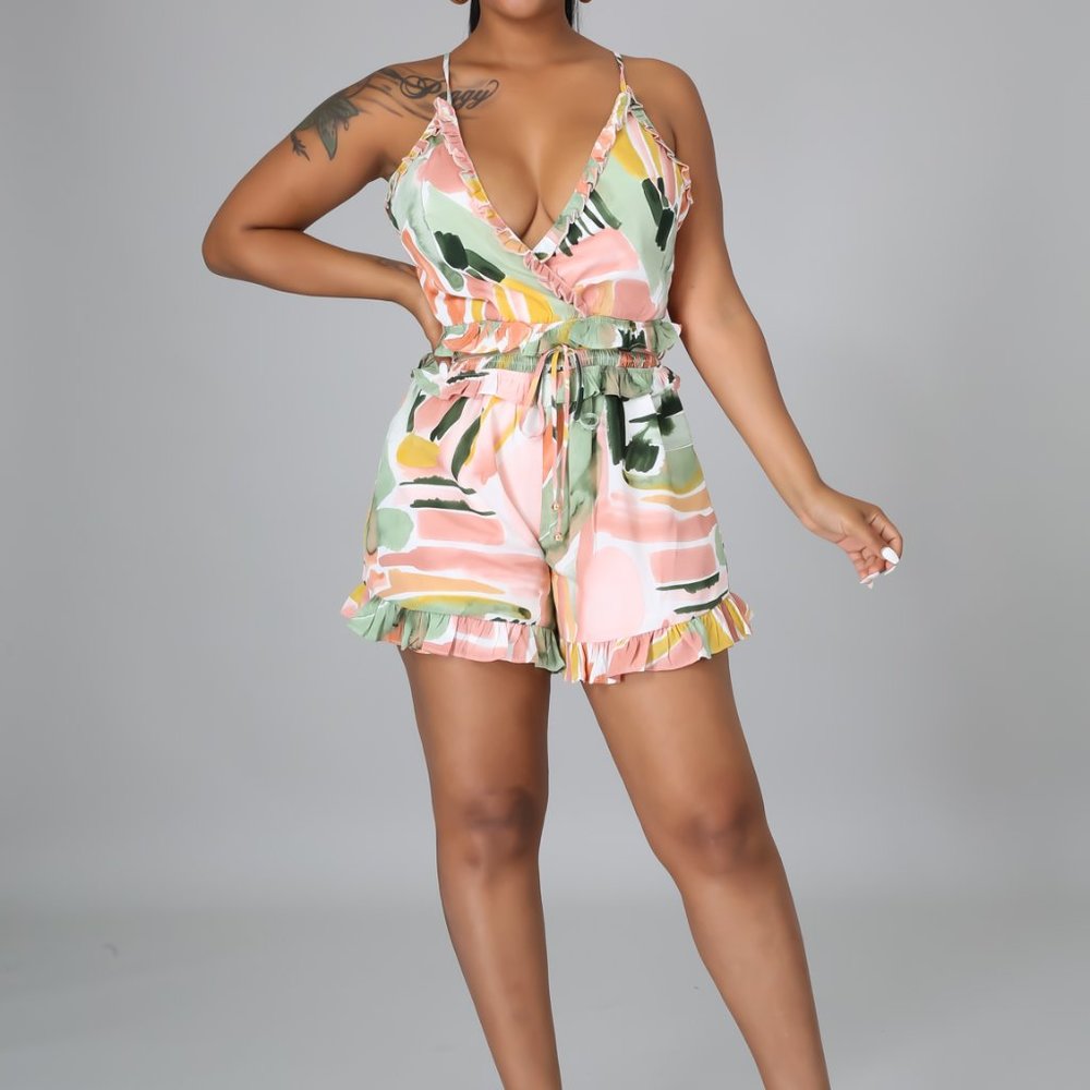 Pink and Green Multi-Colored Romper